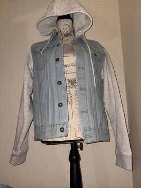 Brooklyn MFG Light Blue Denim Hooded Jacket with Heather Gray Sleeves